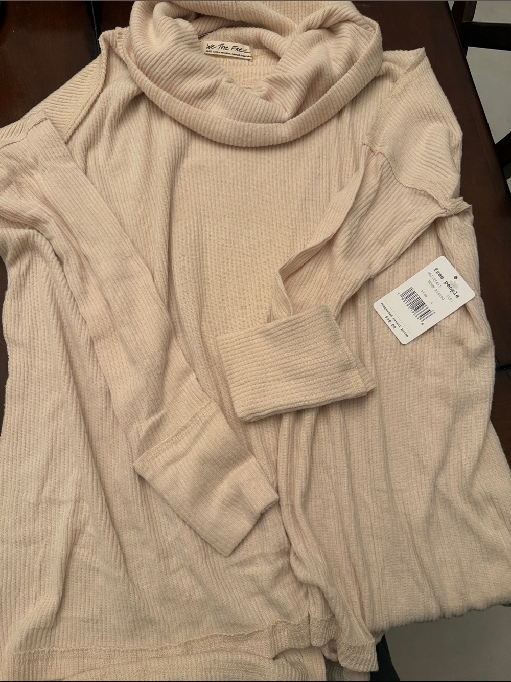 Free People Soft Beige Ribbed Cowl Neck Sweater